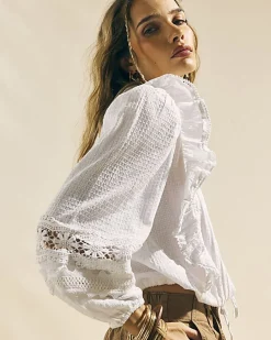 Cream Long Sleeve Ruffle Blouse