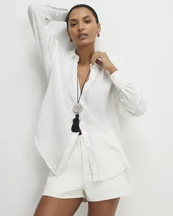 Cream Long Sleeve Tie Back Beach Shirt