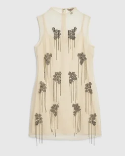 Cream Mesh Embellished Mini Dress