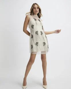 Cream Mesh Embellished Mini Dress