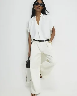 Cream Notch Neck Short Sleeve Top