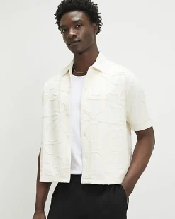 Cream Oversized Fit Geometric Textured Shirt