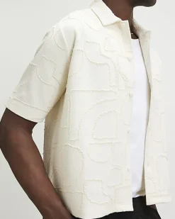 Cream Oversized Fit Geometric Textured Shirt