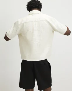 Cream Oversized Fit Geometric Textured Shirt