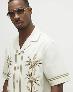 Cream Palm Tree Embroidered Shirt