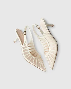 Cream Panelled Mesh Slingback Court Heels