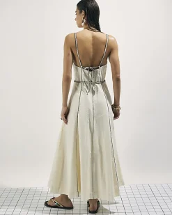 Cream Piped Belted Midi Dress
