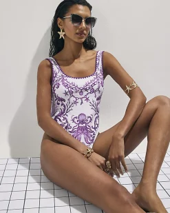 Cream Placement Print Swimsuit