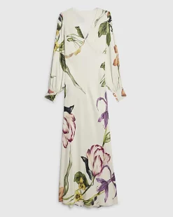 Cream Premium Floral Split Sleeve Midi Dress