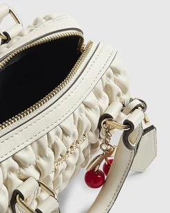 Cream Ruched Cherry Charm Mini Bowler Bag