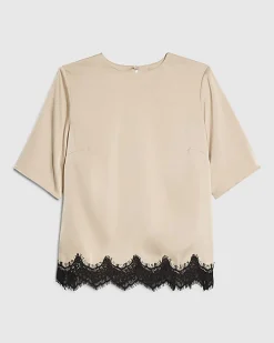 Cream Satin Short Sleeve Lace Trim Top