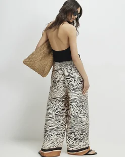Cream Satin Zebra Print Wide Leg Trousers