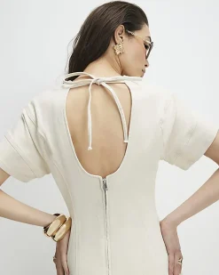 Cream Seamed Short Sleeve Denim Dress