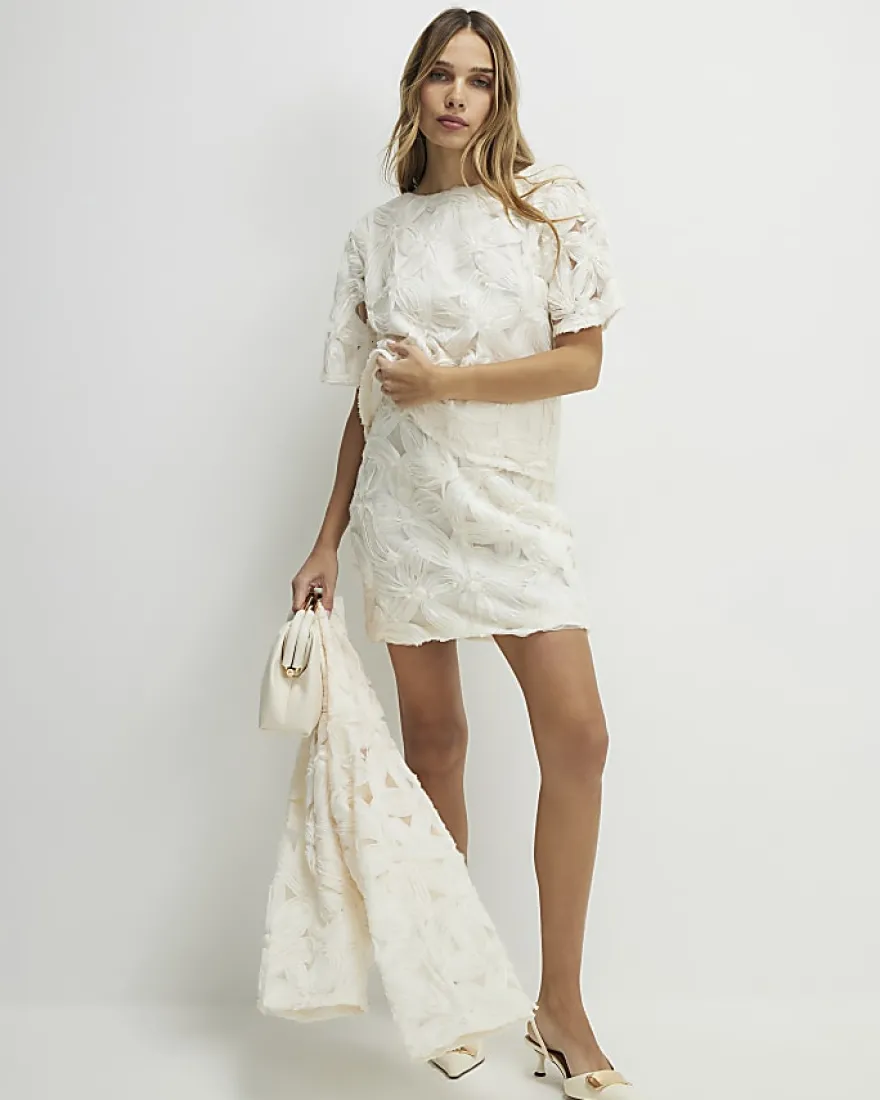 Cream Short Sleeve 3D Floral Top