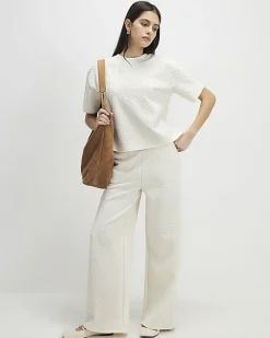 Cream Short Sleeve Jacquard Texture T-Shirt