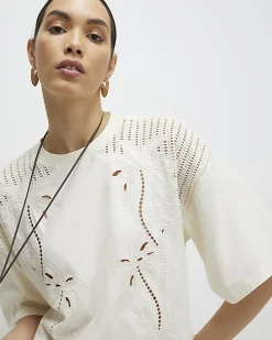Cream Short Sleeve Palm Broderie T-shirt