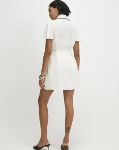 Cream Short Sleeve Scallop Trim Shirt Dress