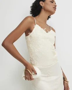 Cream Sleeveless Sequin Lace Cami Top