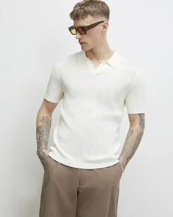 Cream Slim Fit Knitted Open Collar Polo Shirt