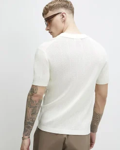 Cream Slim Fit Knitted Open Collar Polo Shirt