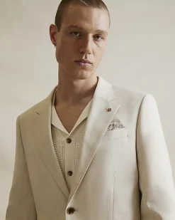 Cream Slim Fit Linen Blend Suit Blazer Jacket