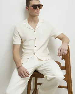 Cream Slim Fit Short Sleeve Knitted Shirt
