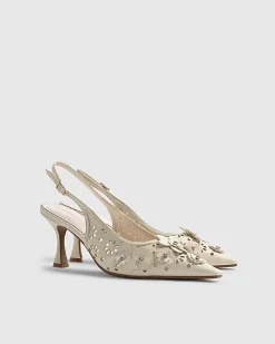 Cream Slingback 3D Floral Court Heels