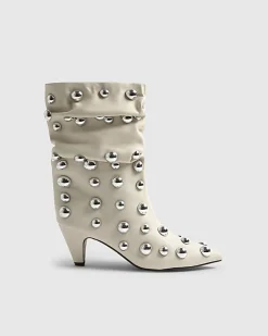 Cream Slouch Studded Ankle Boots