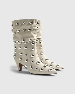 Cream Slouch Studded Ankle Boots