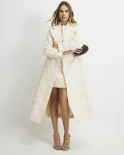 Cream Spot Fringe Longline Duster Coat