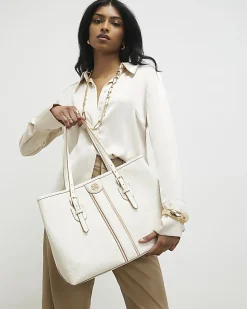 Cream Stripe Monogram Shopper Bag