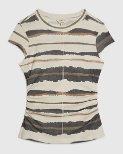 Cream Stripe Ruched Hem T-Shirt