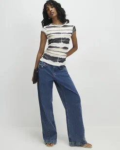 Cream Stripe Ruched Hem T-Shirt