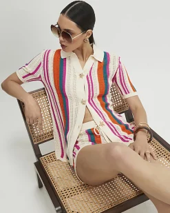 Cream Striped Crochet Shirt