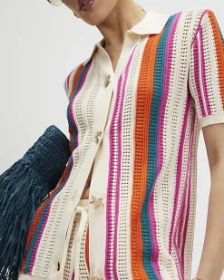 Cream Striped Crochet Shirt