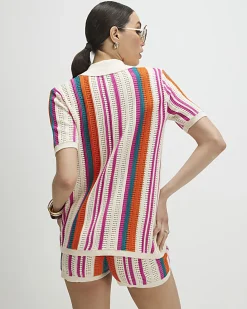 Cream Striped Crochet Shirt