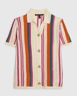 Cream Striped Crochet Shirt