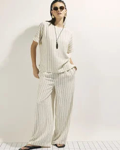Cream Striped Linen Blend T-Shirt