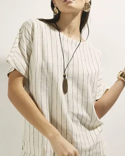 Cream Striped Linen Blend T-Shirt