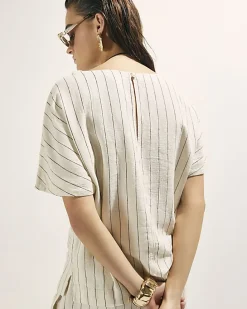 Cream Striped Linen Blend T-Shirt