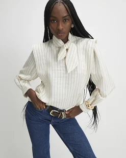 Cream Striped Tie Neck Blouse