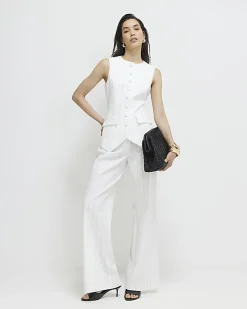 Cream Striped Wide Leg Trousers