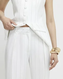 Cream Striped Wide Leg Trousers