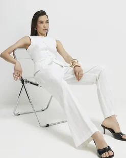 Cream Striped Wide Leg Trousers