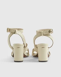 Cream Studded Scallop Edge Block Heel Sandals