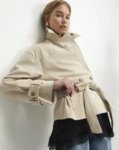 Cream Suede Cropped Trench Coat