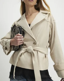 Cream Suede Cropped Trench Coat
