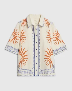 Cream Sun Embroidered Border Shirt