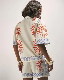Cream Sun Embroidered Border Shirt