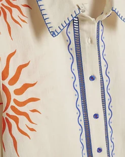 Cream Sun Embroidered Border Shirt